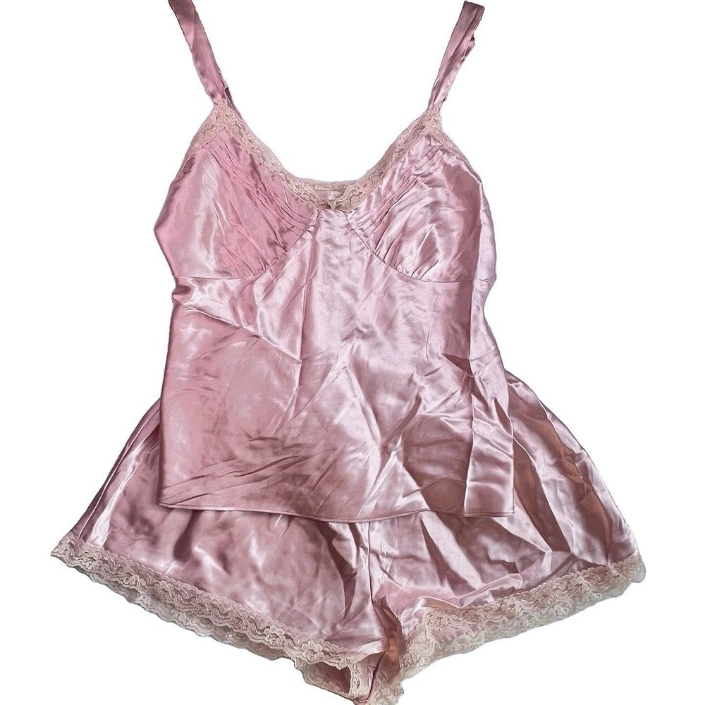 Vintage 90s California Dynasty Pink Satin Cami Short Set Lace Trim M/L  Glam